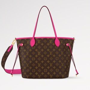 Fashion Italian Leather Pink Striped Neverfull Bandouliere MM Inside Out Tote